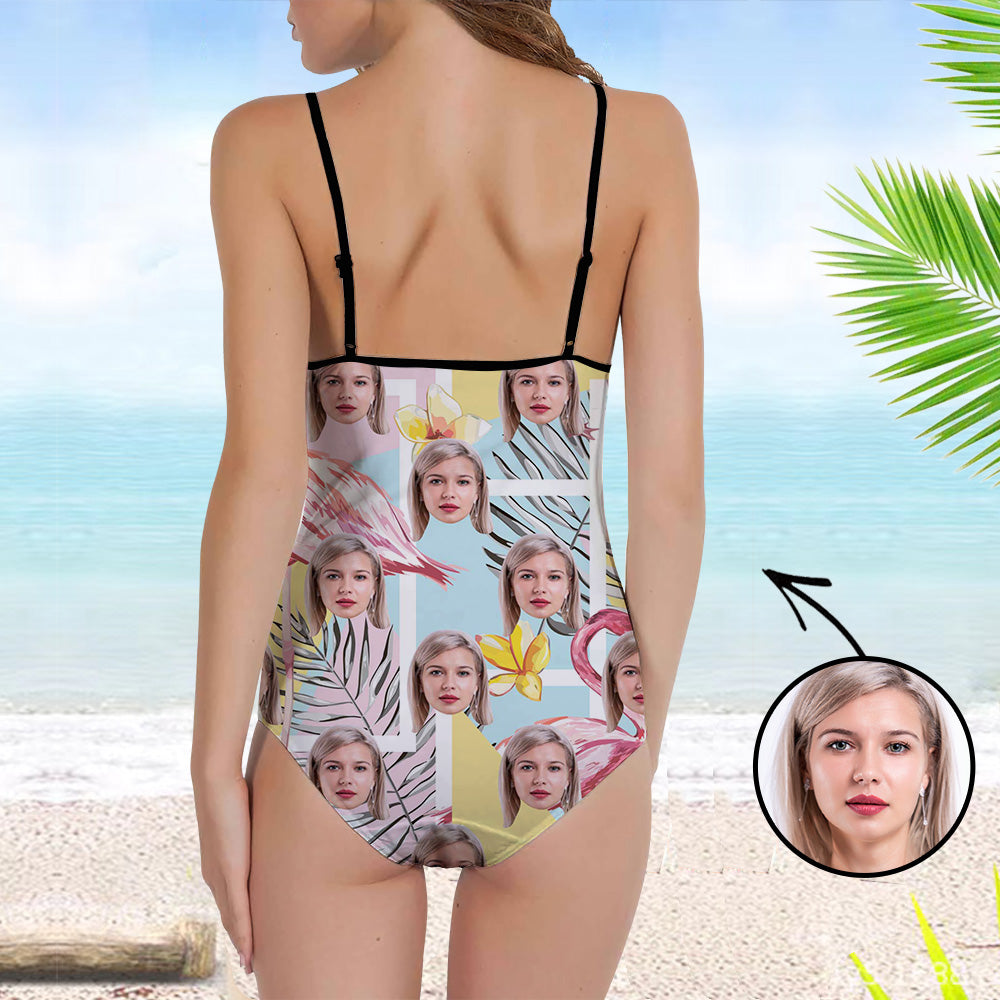 Custom Face Swimsuit One Piece Face Swimsuit Face Bikini Tropical Flower Face Suspender Swimsuit Personalized Bathing Suit For Women