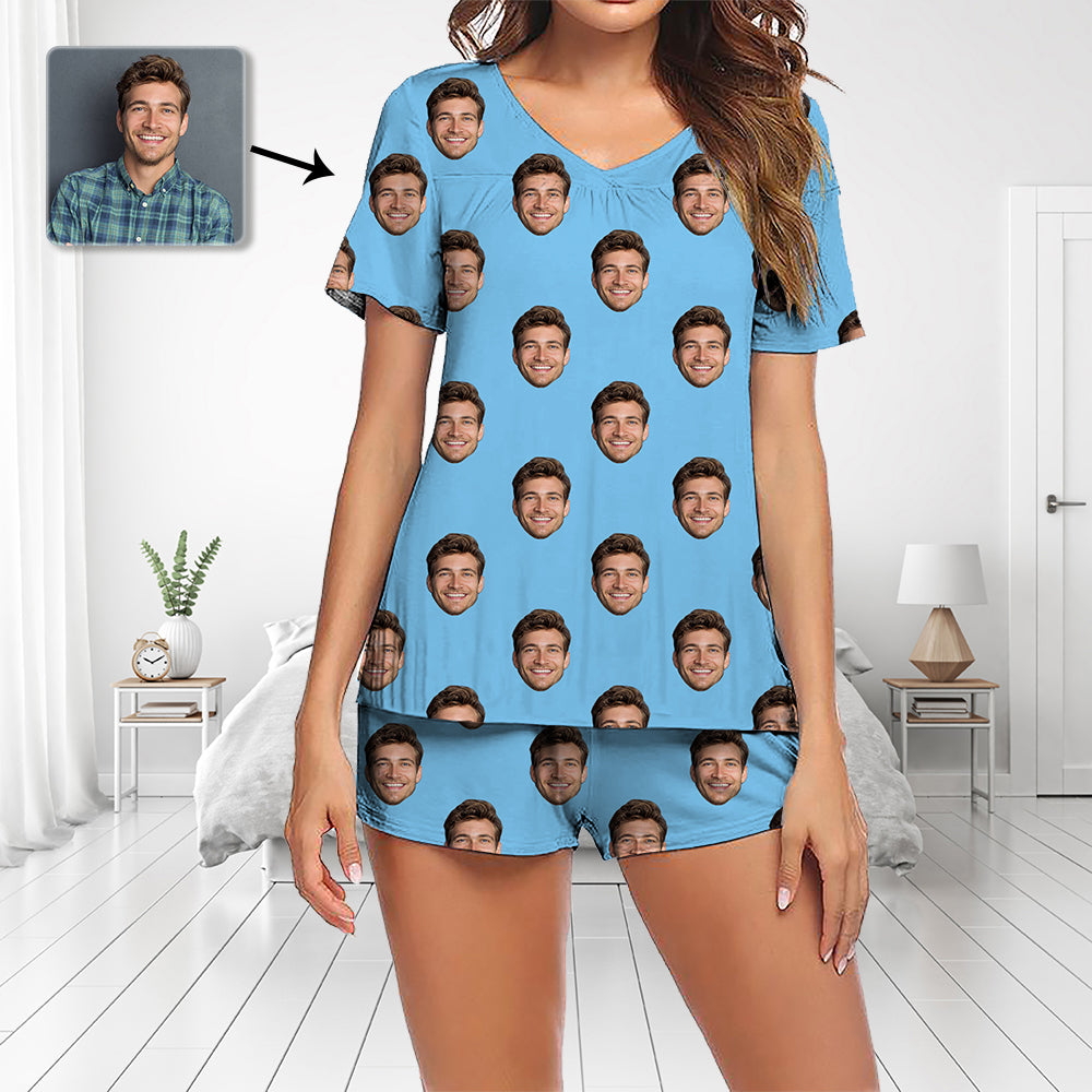 Custom Photo Pajamas Set Short Sleeve V-neck Pajama Women's Shorts Pajama Set Sleepwear Nightwear My Boyfriend's Face