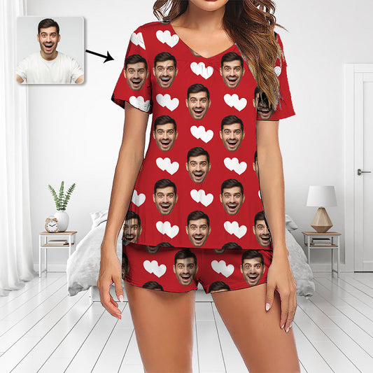 Custom Photo Pajamas Set Short Sleeve V-neck Pajama Women's Shorts Pajama Set Sleepwear Nightwear Heart I Love You