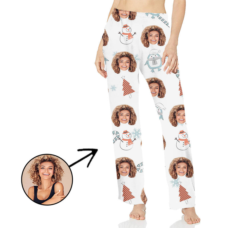 Custom Photo Pajamas Pants For Women Snowman And Penguin