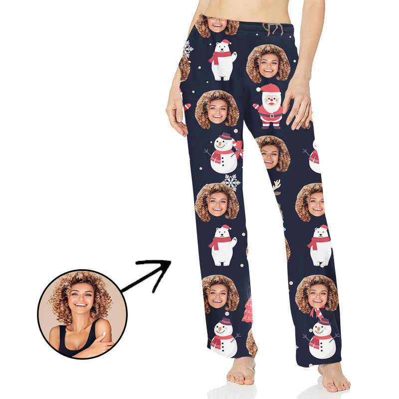 Custom Photo Pajamas Pants For Women Santa And Snowman