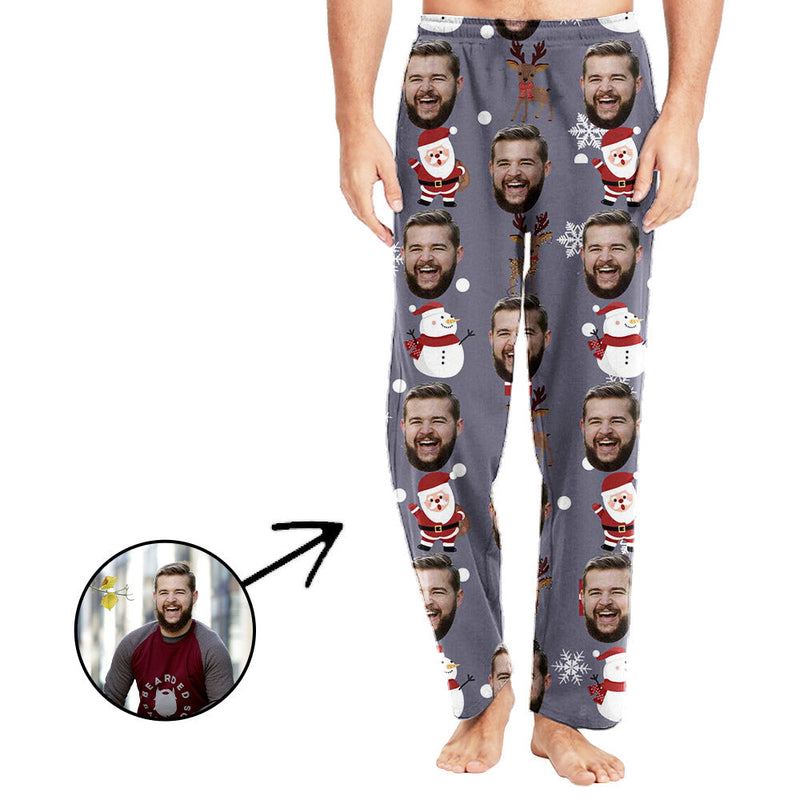 Custom Photo Pajamas Pants For Men Snowman And Snowflake