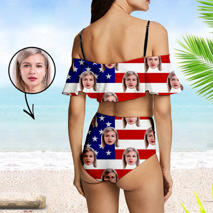 Custom Face Swimsuit Ruffle Face Bikini American Flag Personalized Bathing Suit For Women