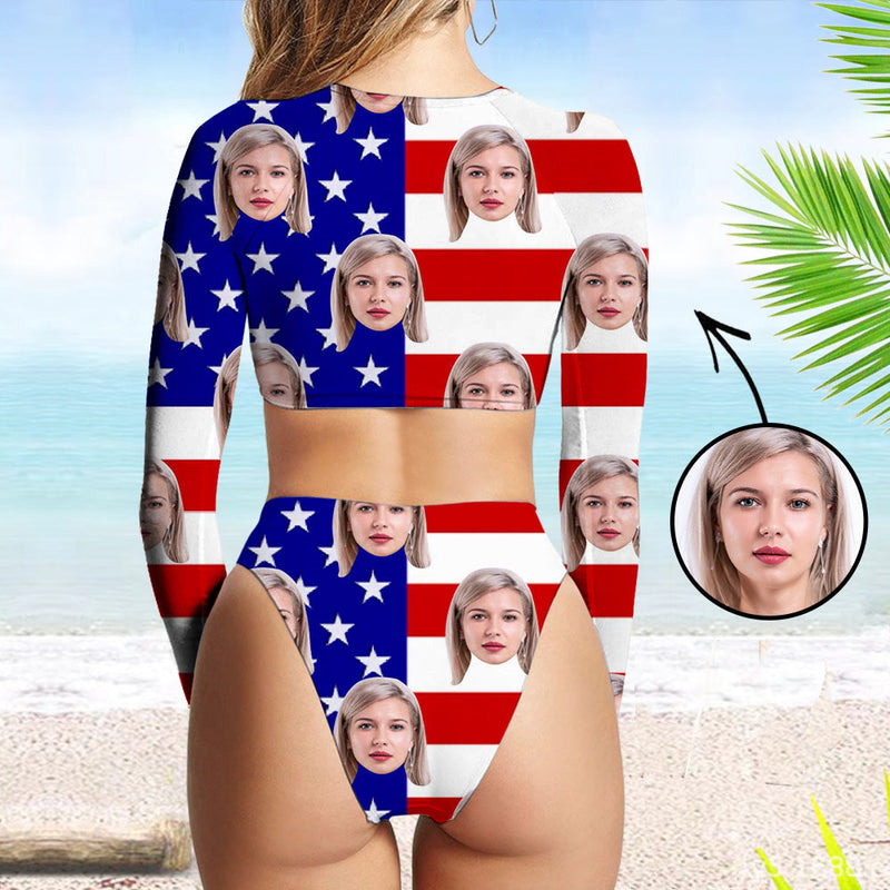 Custom Face Swimsuit Two Piece Face Swimsuit Face Bikini American Flag Personalized Bathing Suit For Women