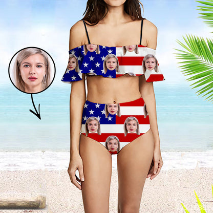 Custom Face Swimsuit Ruffle Face Bikini American Flag Personalized Bathing Suit For Women