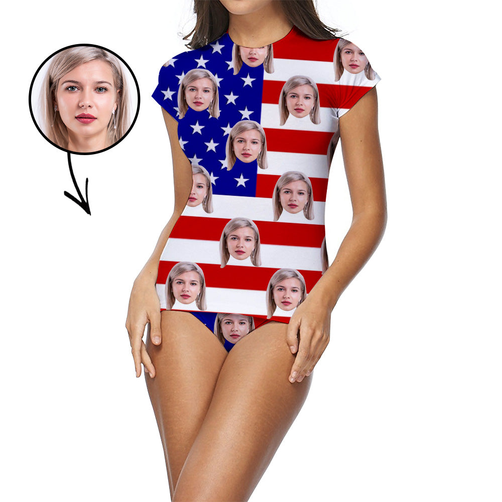 Custom Face Swimsuit Two Piece Face Swimsuit Face Bikini American Flag Personalized Bathing Suit For Women Short Sleeve