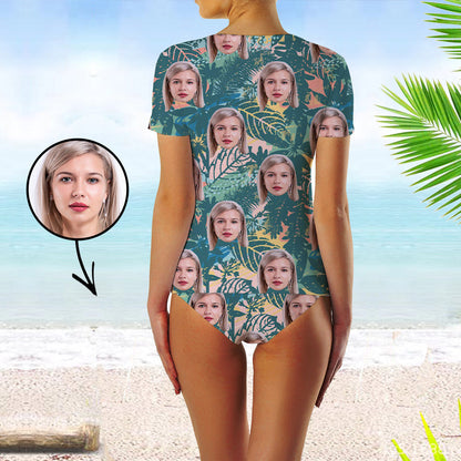 Custom Face Swimsuit Two Piece Face Swimsuit Face Bikini Tropical Vegetation Face Personalized Bathing Suit For Women Short Sleeve