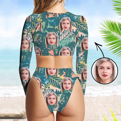 Custom Face Swimsuit Two Piece Face Swimsuit Face Bikini Tropical Vegetation Face Personalized Bathing Suit For Women