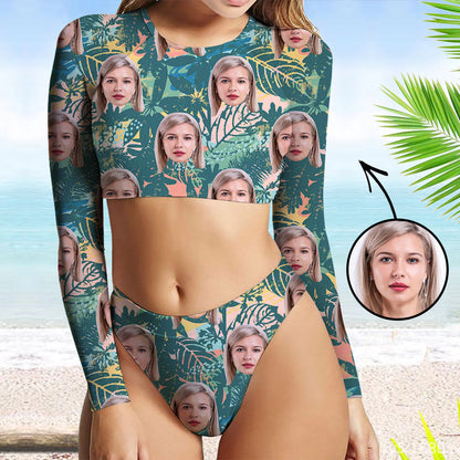 Custom Face Swimsuit Two Piece Face Swimsuit Face Bikini Tropical Vegetation Face Personalized Bathing Suit For Women