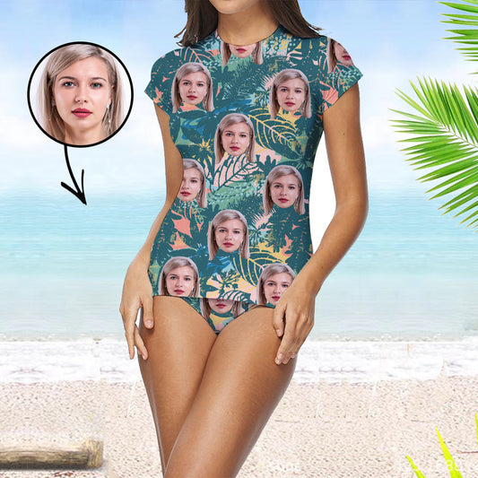 Custom Face Swimsuit Two Piece Face Swimsuit Face Bikini Tropical Vegetation Face Personalized Bathing Suit For Women Short Sleeve