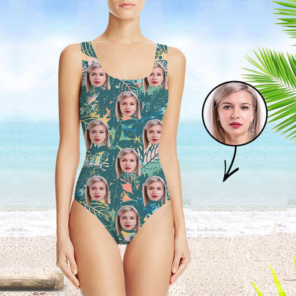 Custom Swimsuit Personlized Swimsuit Face Swimsuit Tropical Vegetation Face Personalized Bathing Suit For Women One Piece Swimsuit