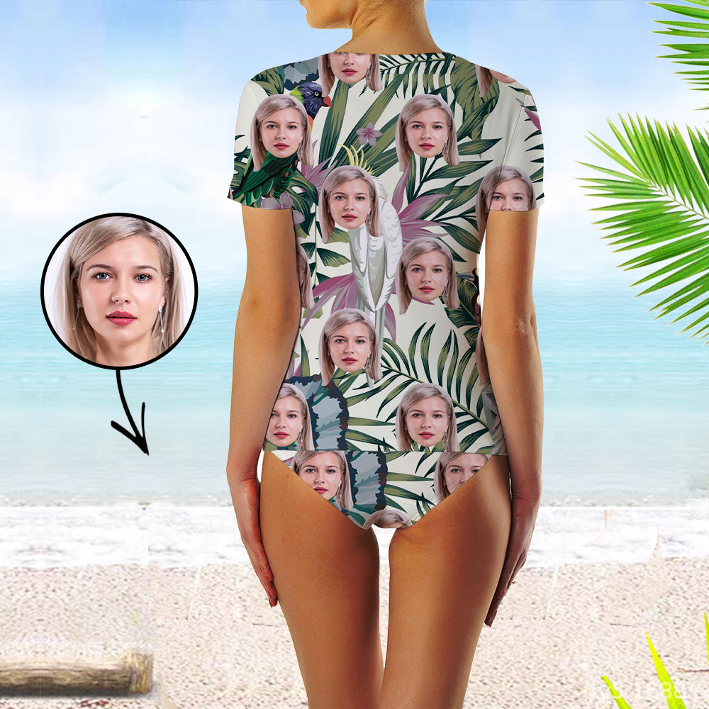 Custom Face Swimsuit Two Piece Face Swimsuit Face Bikini Tropical Vegetation Face Personalized Bathing Suit For Women Short Sleeve