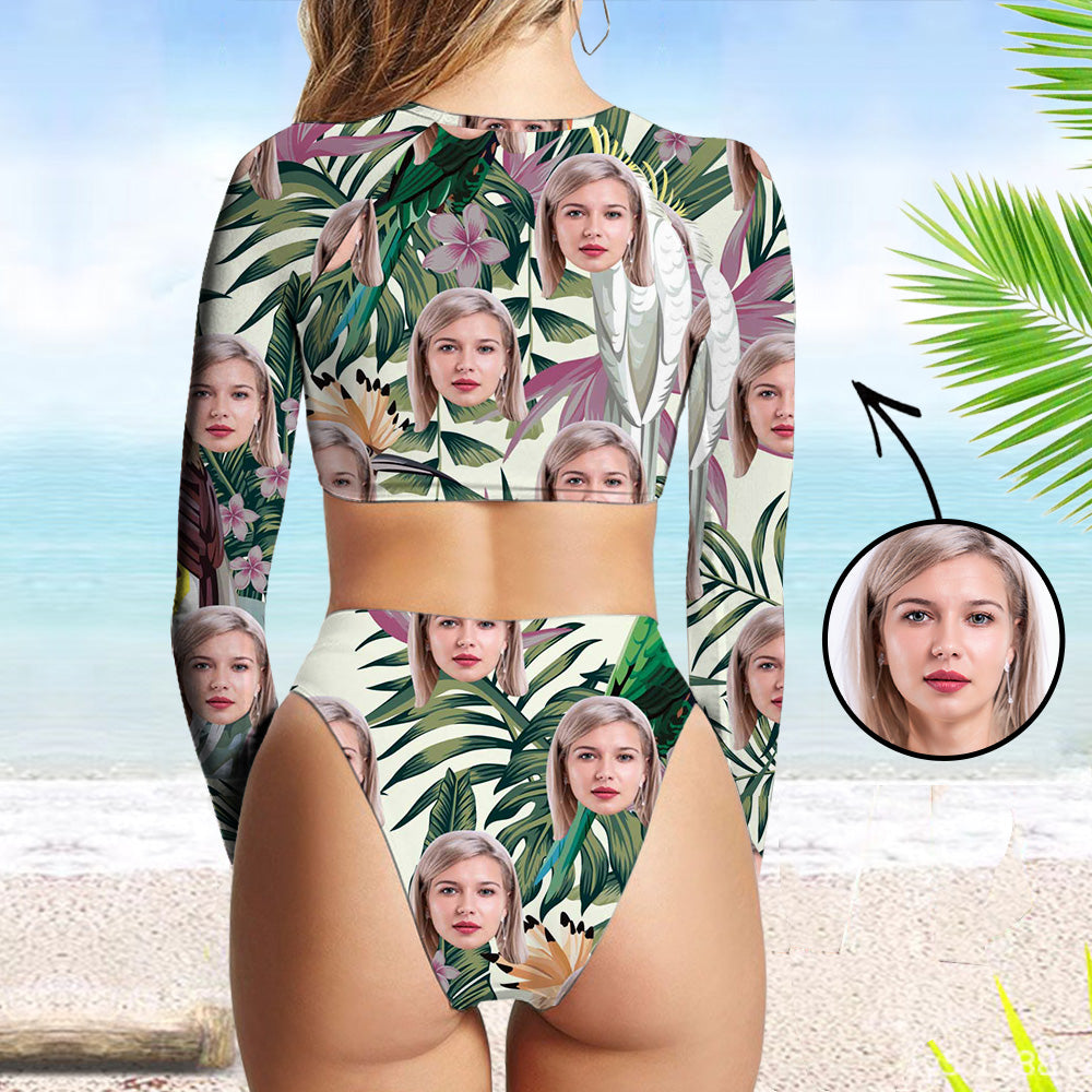 Custom Face Swimsuit Two Piece Face Swimsuit Face Bikini Tropical Vegetation Face Personalized Bathing Suit For Women