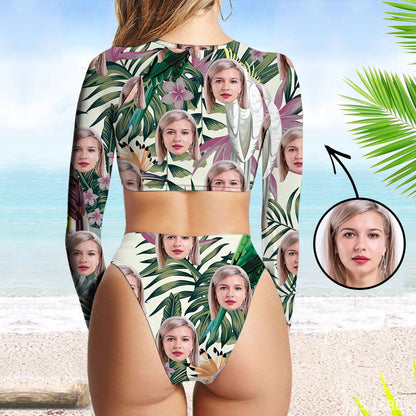 Custom Face Swimsuit Two Piece Face Swimsuit Face Bikini Tropical Vegetation Face Personalized Bathing Suit For Women