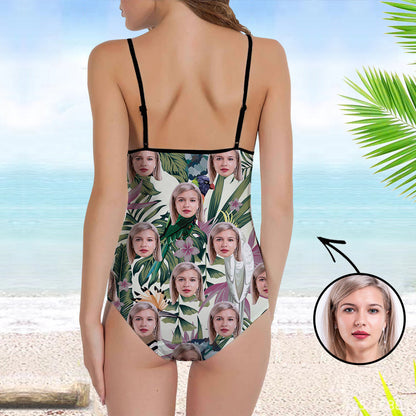 Custom Face Swimsuit One Piece Face Swimsuit Face Bikini Tropical Vegetation Suspender Swimsuit Face Personalized Bathing Suit For Women