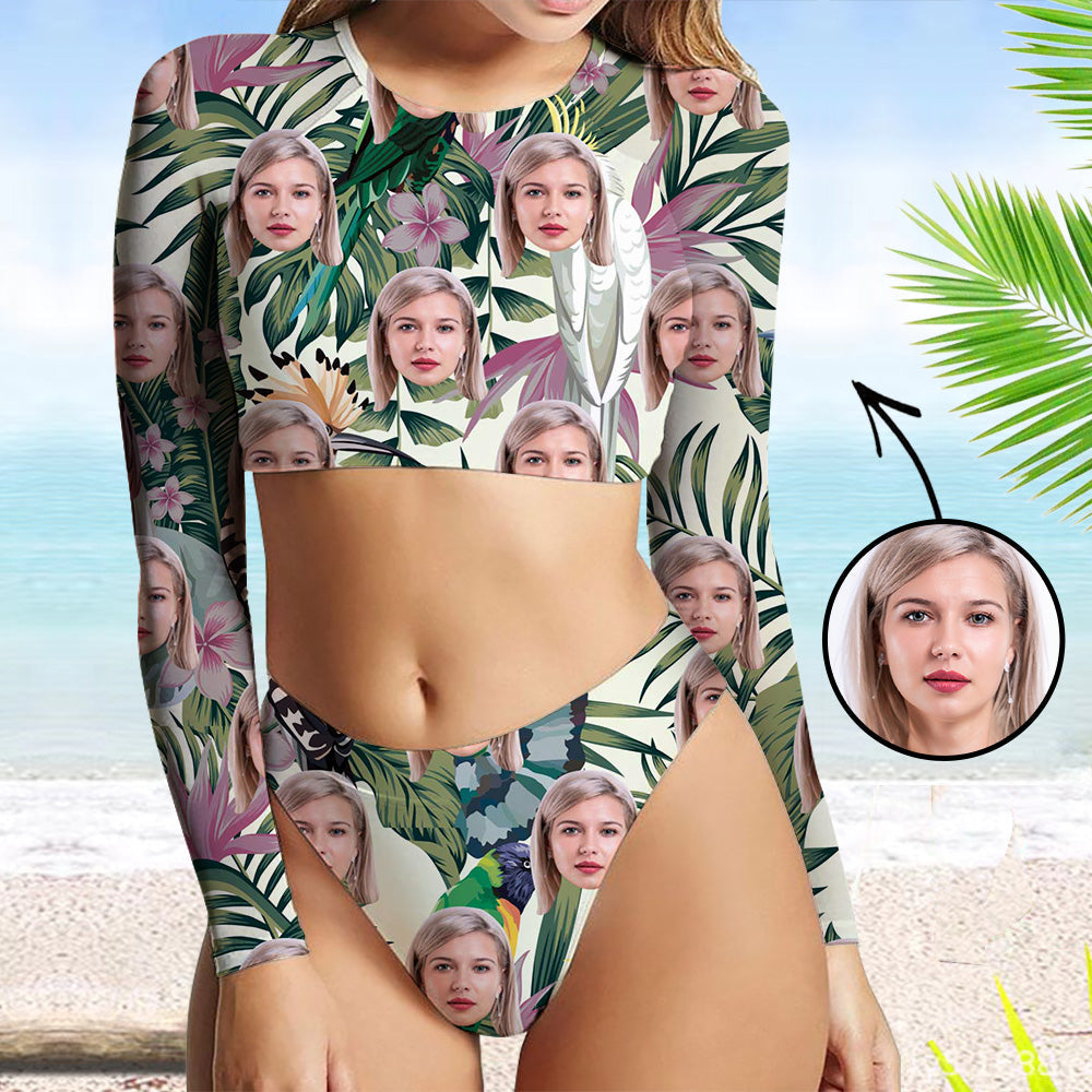 Custom Face Swimsuit Two Piece Face Swimsuit Face Bikini Tropical Vegetation Face Personalized Bathing Suit For Women