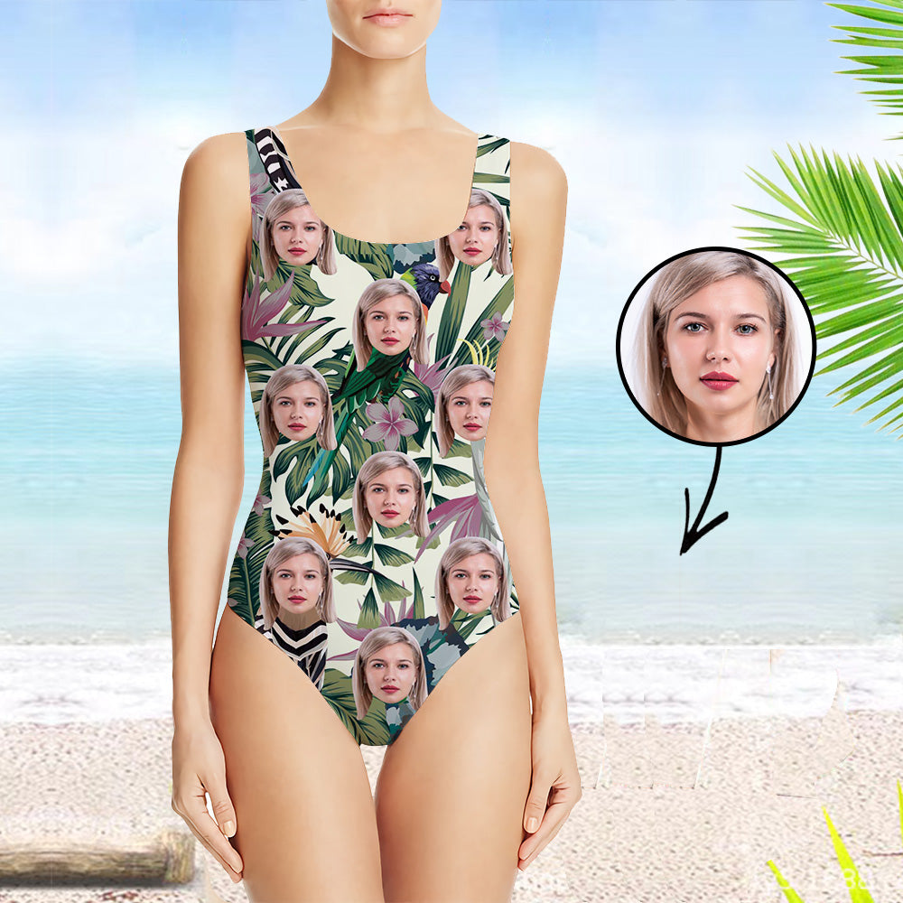 Custom Swimsuit Personlized Swimsuit Face Swimsuit Tropical Vegetation Face Personalized Bathing Suit For Women One Piece Swimsuit