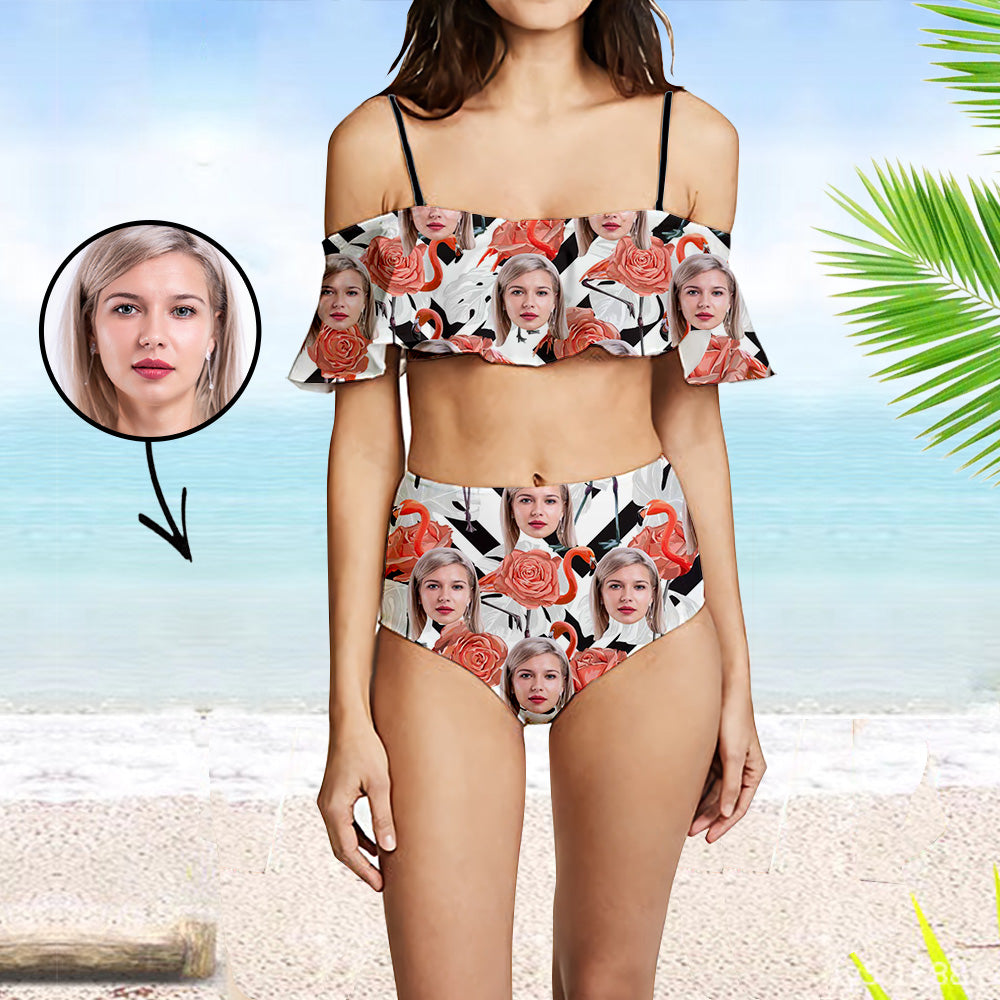 Custom Face Swimsuit Ruffle Face Bikini Tropical Island Face Personalized Bathing Suit For Women