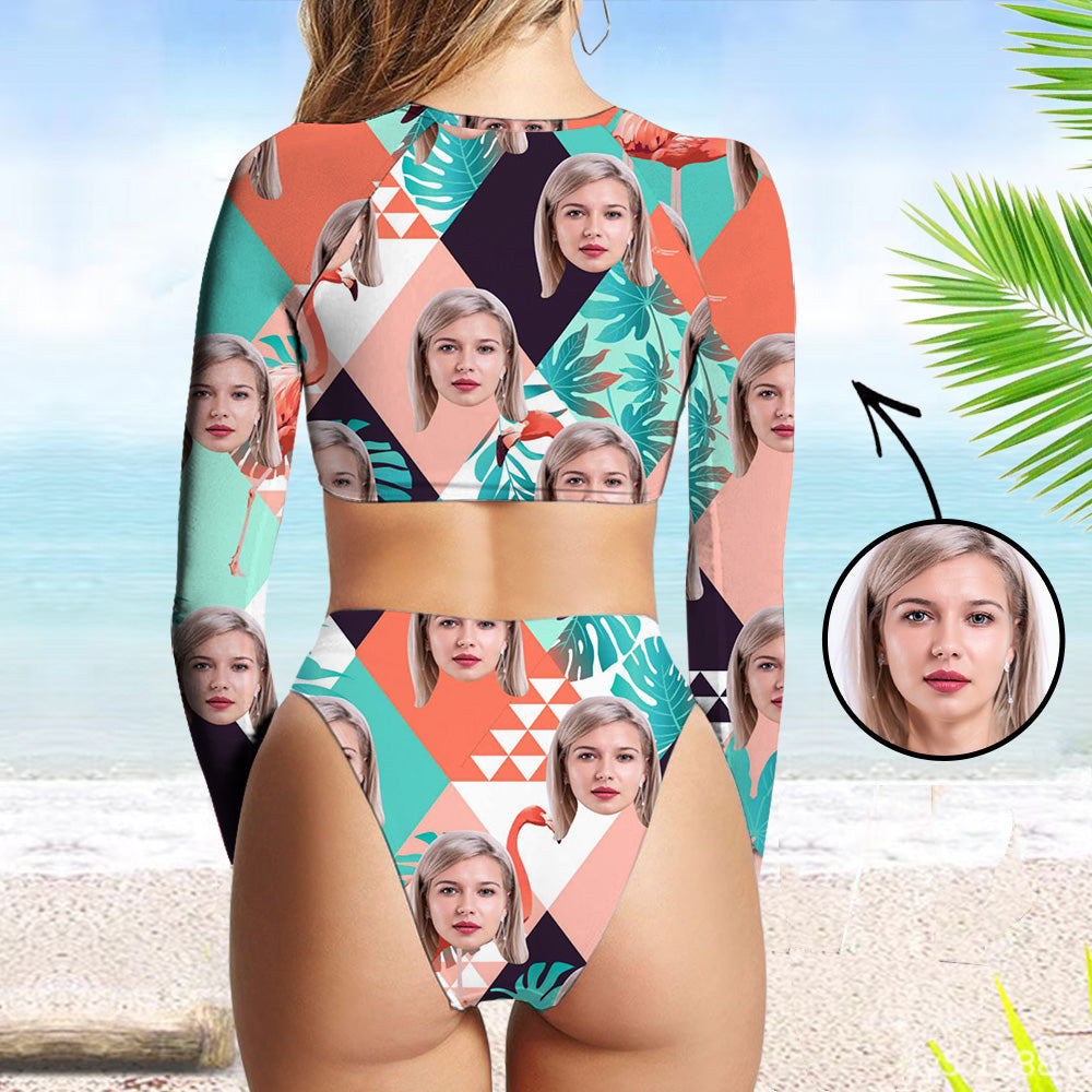 Custom Face Swimsuit Two Piece Face Swimsuit Face Bikini Tropical Vegetation Face Personalized Bathing Suit For Women