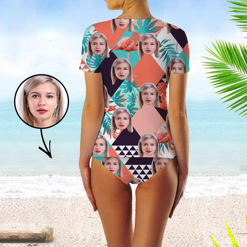 Custom Face Swimsuit Two Piece Face Swimsuit Face Bikini Tropical Vegetation Face Personalized Bathing Suit For Women Short Sleeve