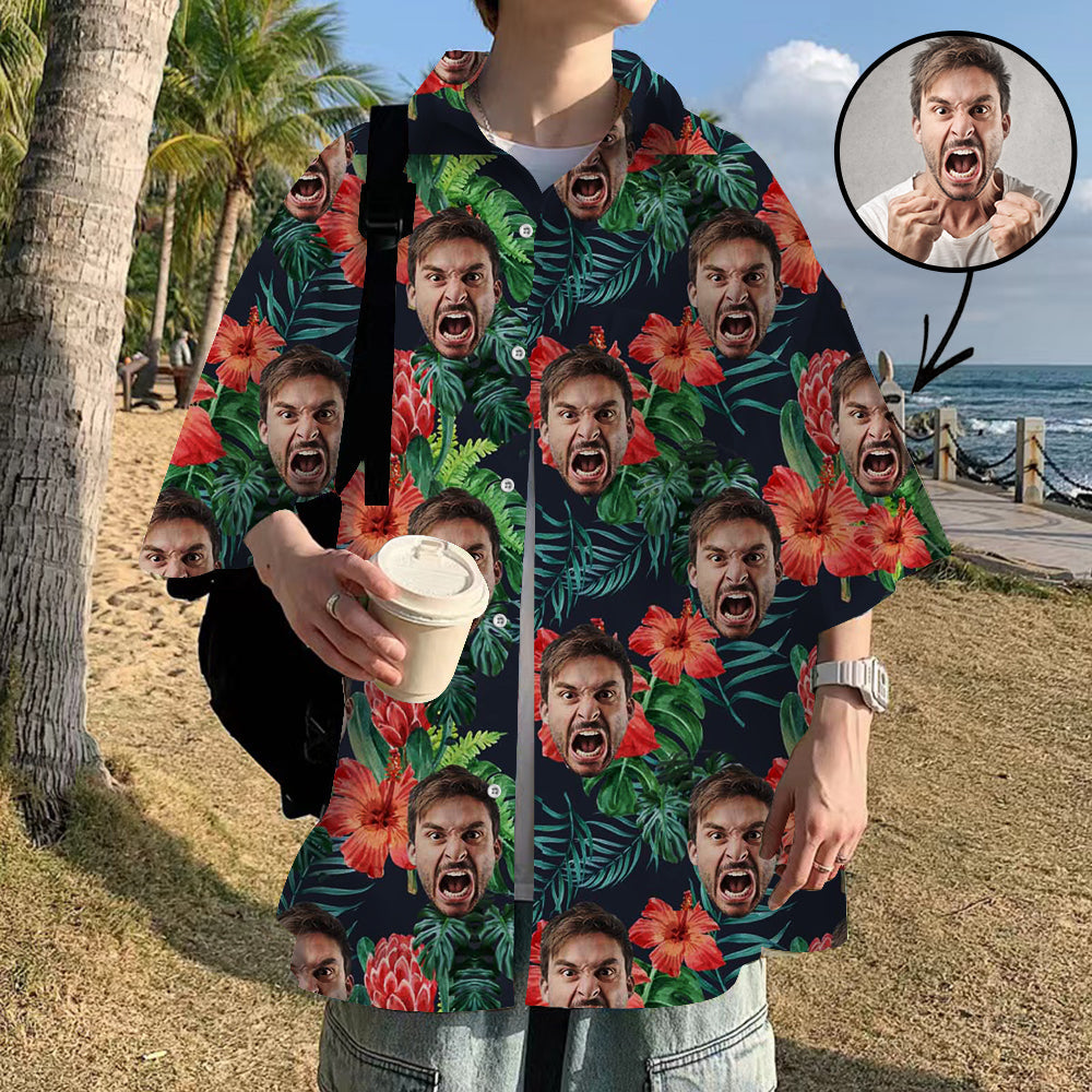 Custom Hawaiian Shirts with Face Hawaiian Shirts Tropical Aloha Shirt Red Flowers