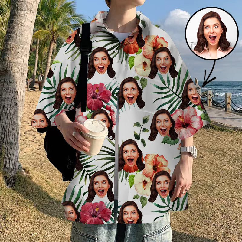Custom Face Hawaiian Shirt For Boyfriend/Husband Personalized Hawaiian Shirt Dark Green Flowers