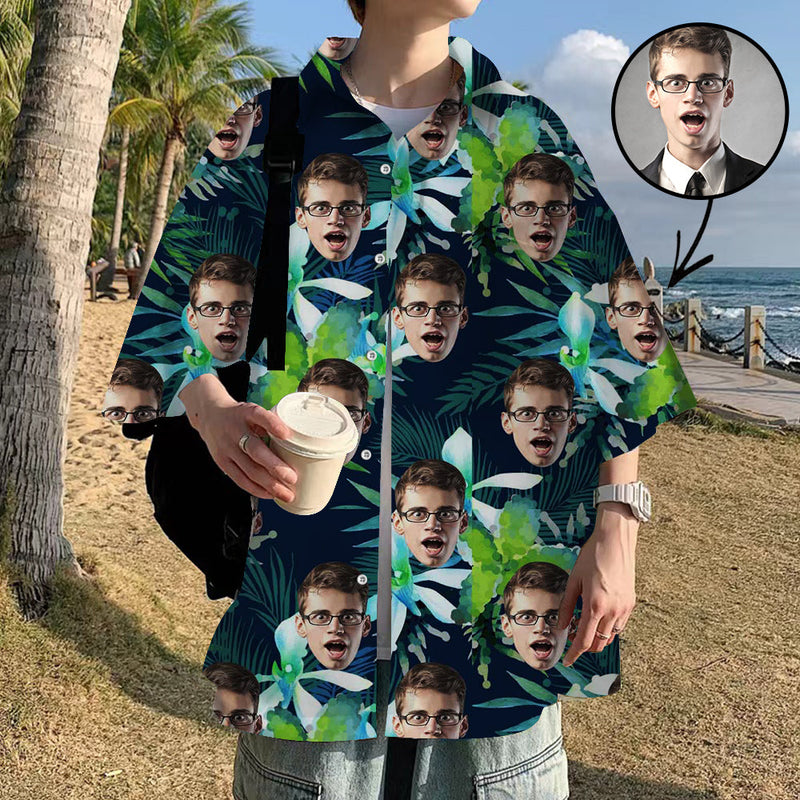 Custom Face Hawaiian Shirt For Boyfriend/Husband Personalized Hawaiian Shirt White Flowers And Green Leaf
