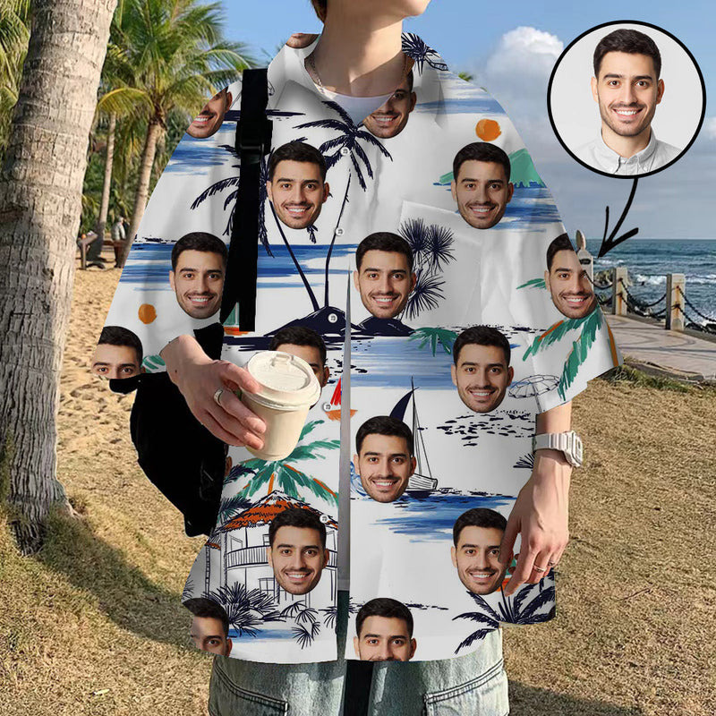 Custom Face Hawaiian Shirt For Boyfriend/Husband Personalized Hawaiian Shirt White Flowers And Bird