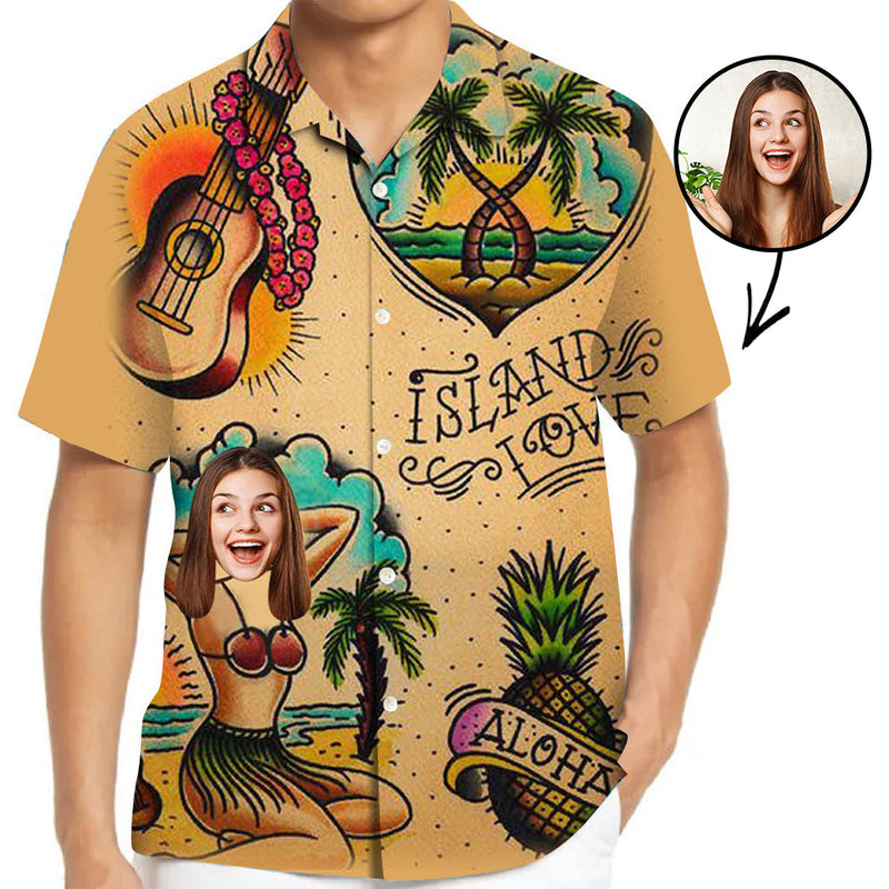 Custom Face Hawaiian Shirt For Boyfriend/Husband Personalized Hawaiian Shirt Yellow Flowers In White Shirt