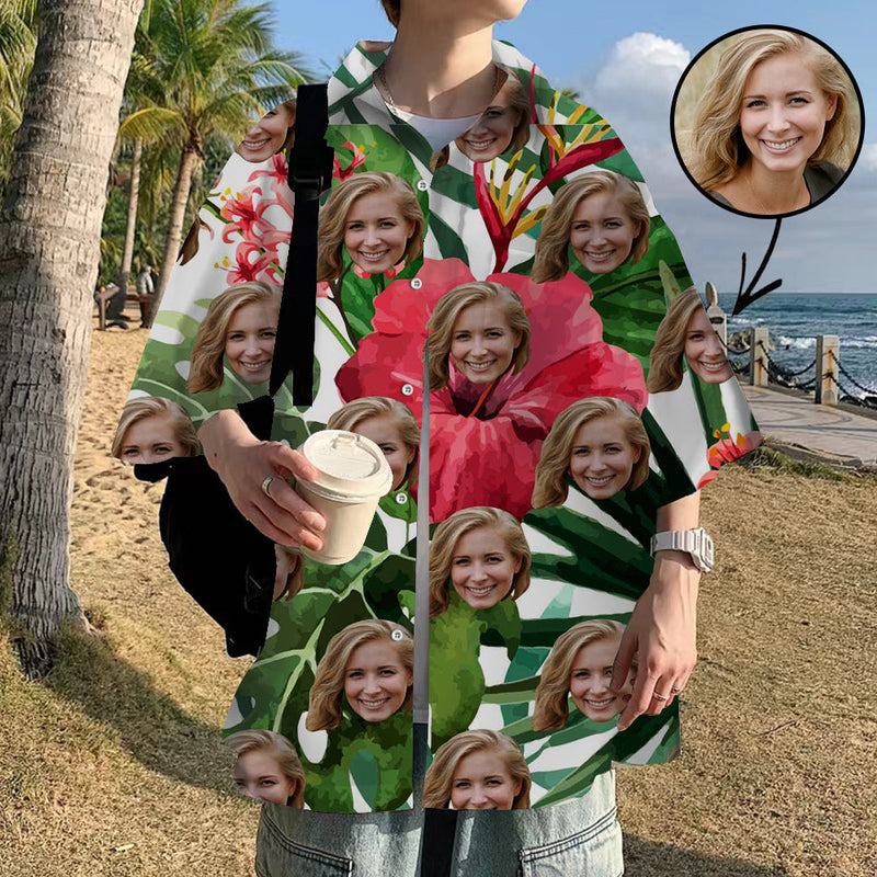 Custom Face Hawaiian Shirt For Boyfriend/Husband Personalized Hawaiian Shirt Green Leaf In White Shirt