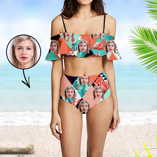 Custom Face Swimsuit Ruffle Face Bikini Tropical Vegetation Face Personalized Bathing Suit For Women