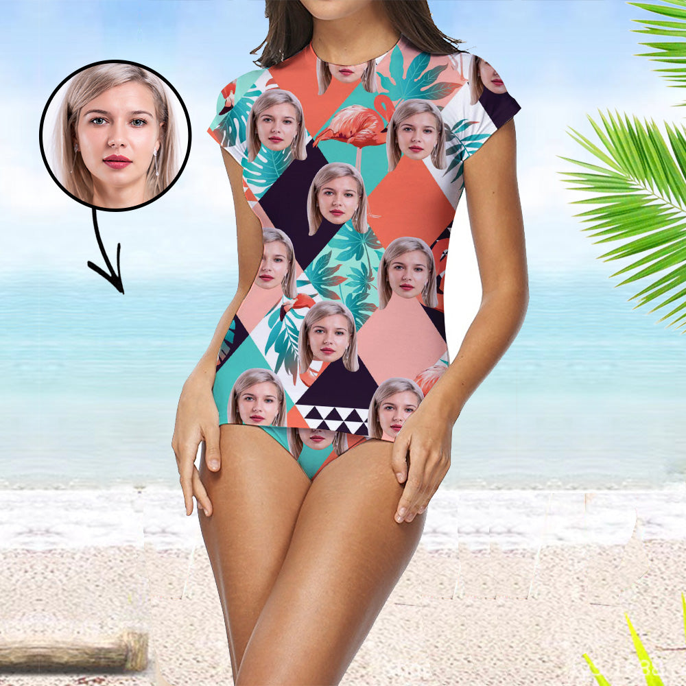 Custom Face Swimsuit Two Piece Face Swimsuit Face Bikini Tropical Vegetation Face Personalized Bathing Suit For Women Short Sleeve