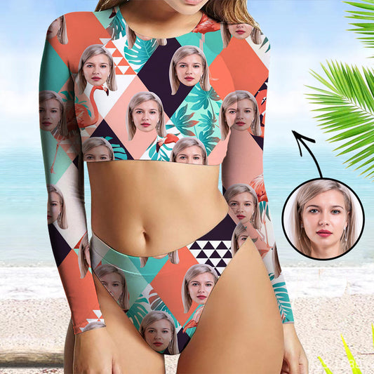 Custom Face Swimsuit Two Piece Face Swimsuit Face Bikini Tropical Vegetation Face Personalized Bathing Suit For Women