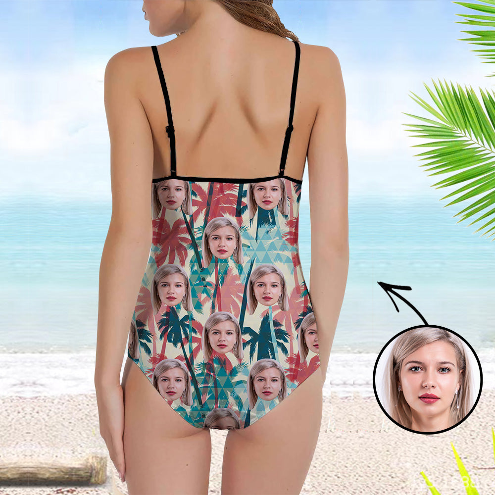 Custom Face Swimsuit One Piece Face Swimsuit Face Bikini Tropical Vegetation Suspender Swimsuit Face Personalized Bathing Suit For Women