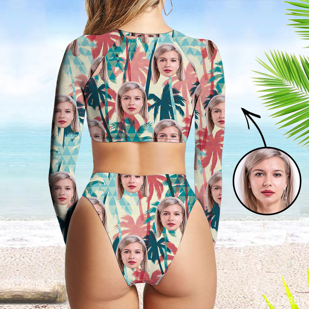 Custom Face Swimsuit Two Piece Face Swimsuit Face Bikini Tropical Vegetation Face Personalized Bathing Suit For Women