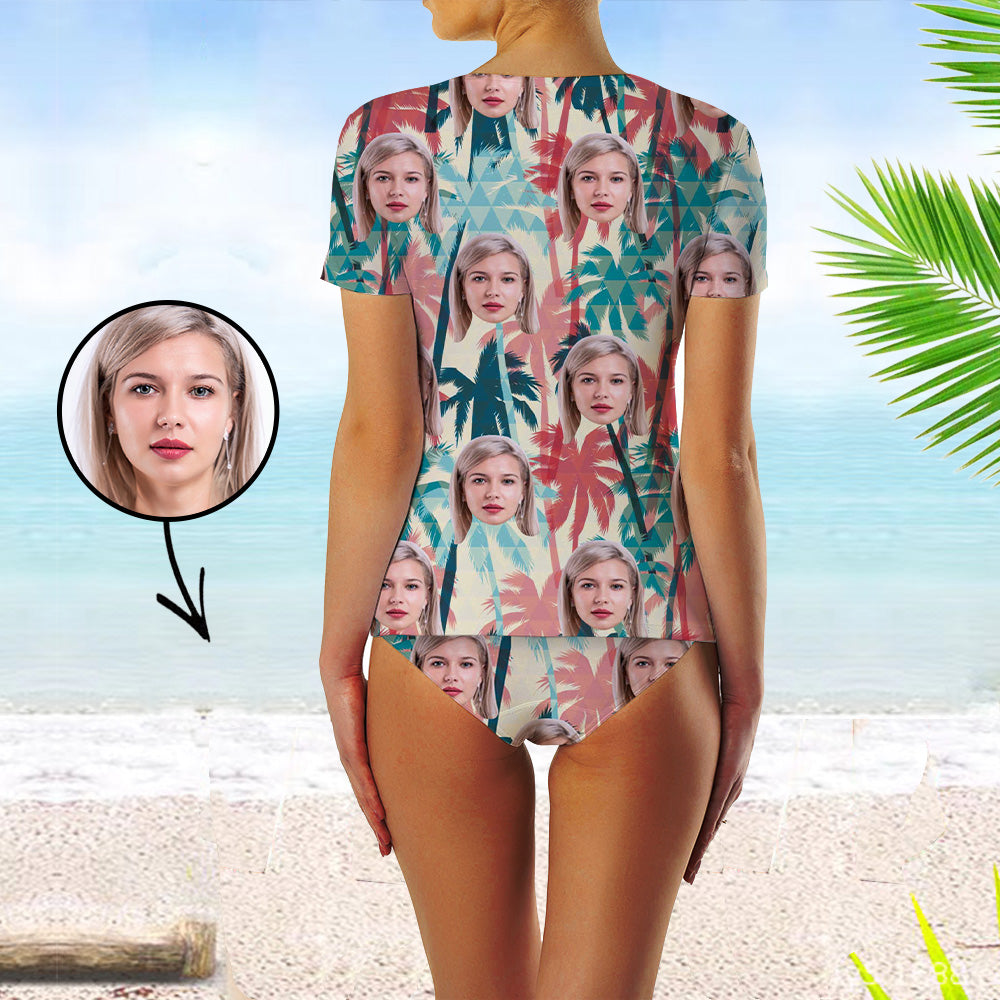 Custom Face Swimsuit Two Piece Face Swimsuit Face Bikini Tropical Vegetation Face Personalized Bathing Suit For Women Short Sleeve