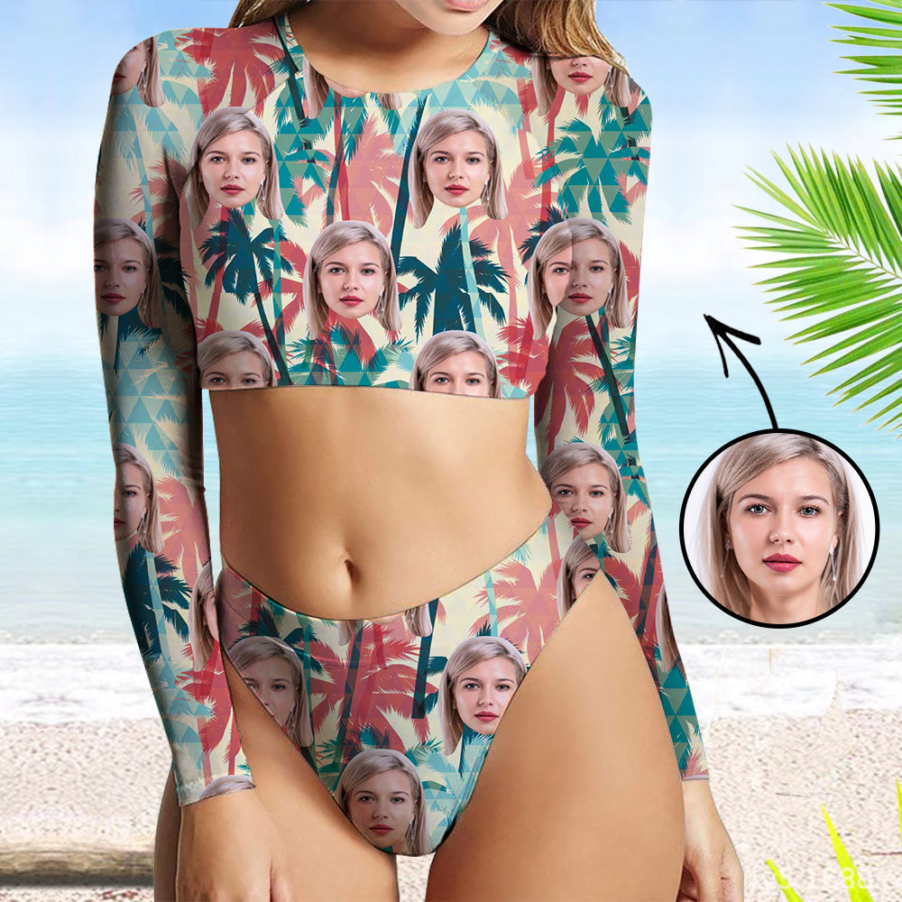 Custom Face Swimsuit Two Piece Face Swimsuit Face Bikini Tropical Vegetation Face Personalized Bathing Suit For Women