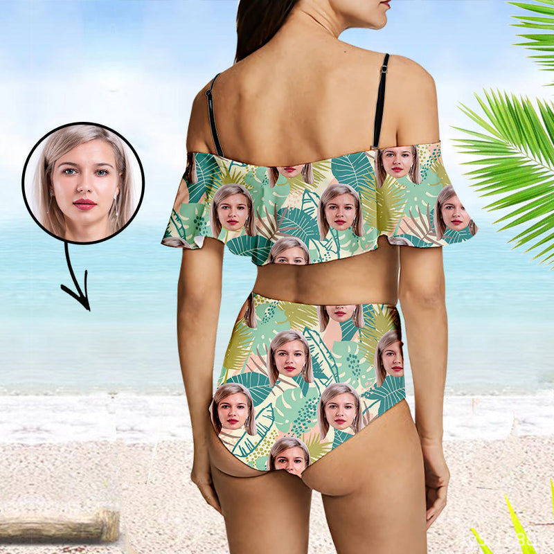 Custom Face Swimsuit Ruffle Face Bikini Tropical Vegetation Face Personalized Bathing Suit For Women