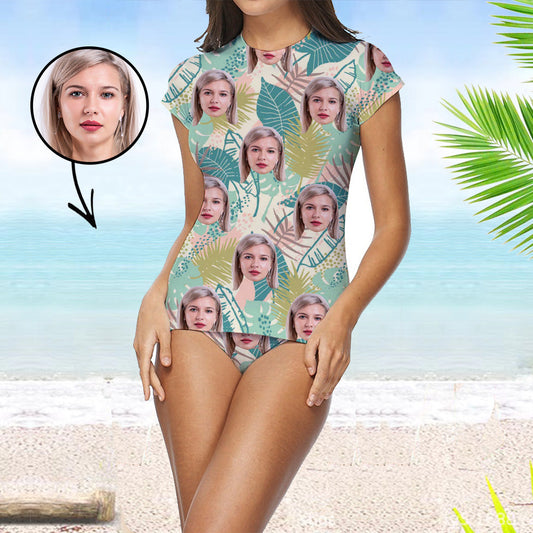 Custom Face Swimsuit Two Piece Face Swimsuit Face Bikini Tropical Vegetation Face Personalized Bathing Suit For Women Short Sleeve