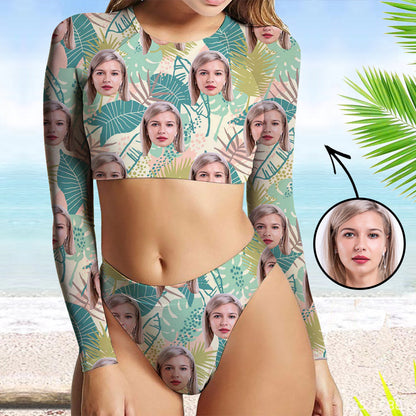 Custom Face Swimsuit Two Piece Face Swimsuit Face Bikini Tropical Vegetation Face Personalized Bathing Suit For Women