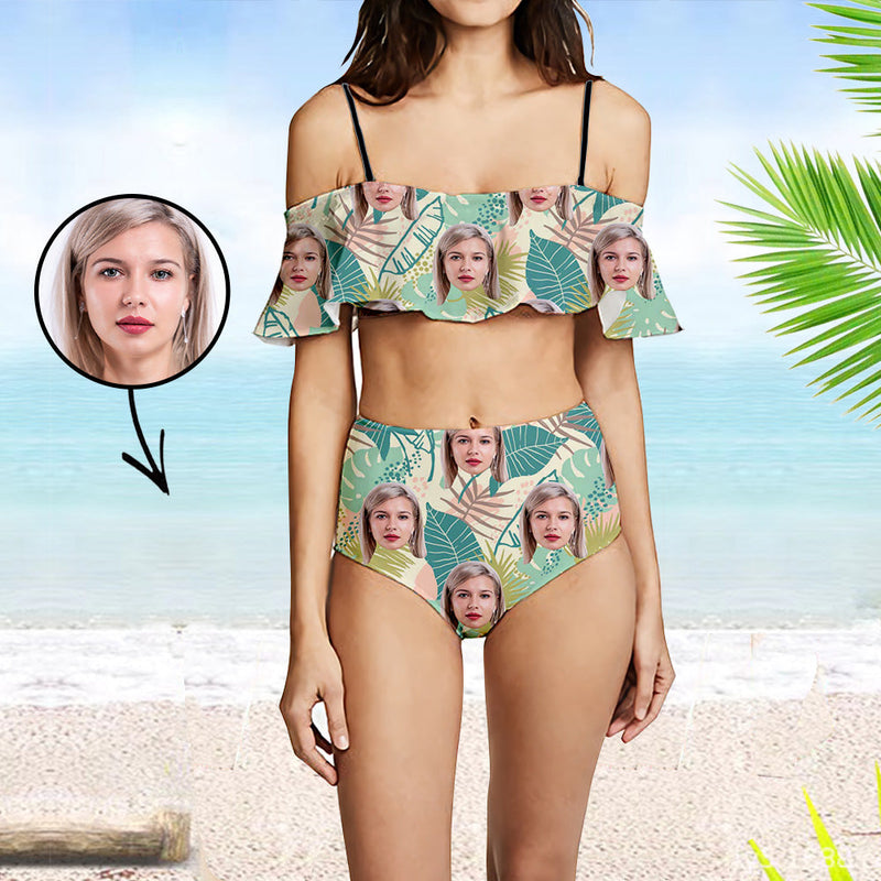 Custom Face Swimsuit Ruffle Face Bikini Tropical Vegetation Face Personalized Bathing Suit For Women