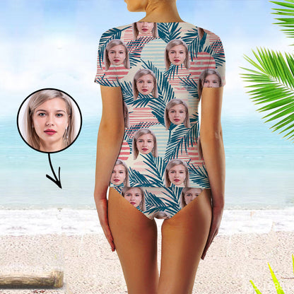 Custom Face Swimsuit Two Piece Face Swimsuit Face Bikini Tropical Vegetation Face Personalized Bathing Suit For Women Short Sleeve