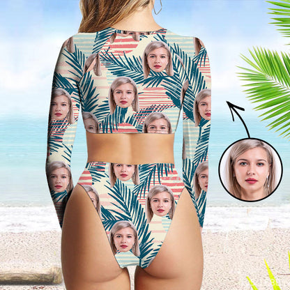 Custom Face Swimsuit Two Piece Face Swimsuit Face Bikini Tropical Vegetation Face Personalized Bathing Suit For Women