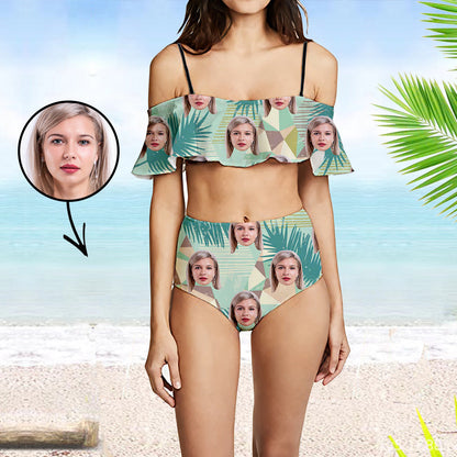 Custom Face Swimsuit Ruffle Face Bikini Tropical Vegetation Face Personalized Bathing Suit For Women