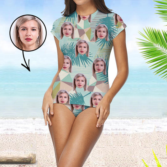 Custom Face Swimsuit Two Piece Face Swimsuit Face Bikini Tropical Vegetation Face Personalized Bathing Suit For Women Short Sleeve