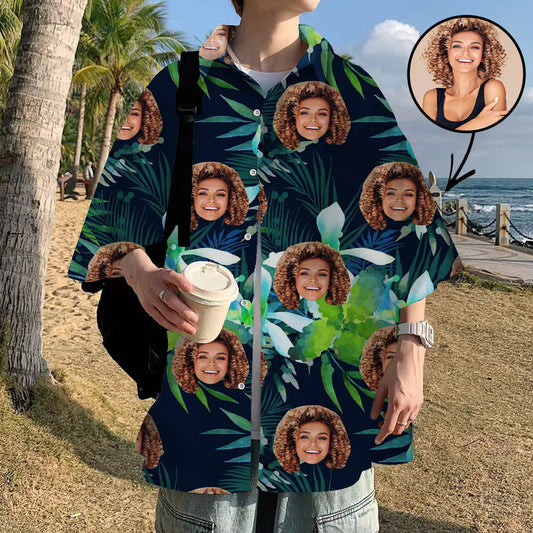 Custom Face Hawaiian Shirt For Boyfriend/Husband Personalized Hawaiian Shirt Blue And Green Flowers