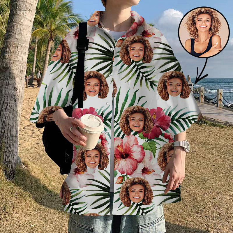 Custom Face Hawaiian Shirt For Boyfriend/Husband Personalized Hawaiian Shirt All Over Green Leaf