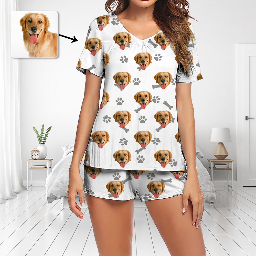 Custom Photo Pajamas Set Short Sleeve V-neck Pajama Women's Shorts Pajama Set Sleepwear Nightwear Put Dog's Face On Pajamas