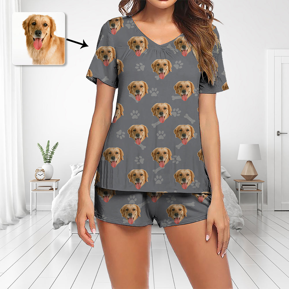 Custom Photo Pajamas Set Short Sleeve V-neck Pajama Women's Shorts Pajama Set Sleepwear Nightwear Put Dog's Face On Pajamas