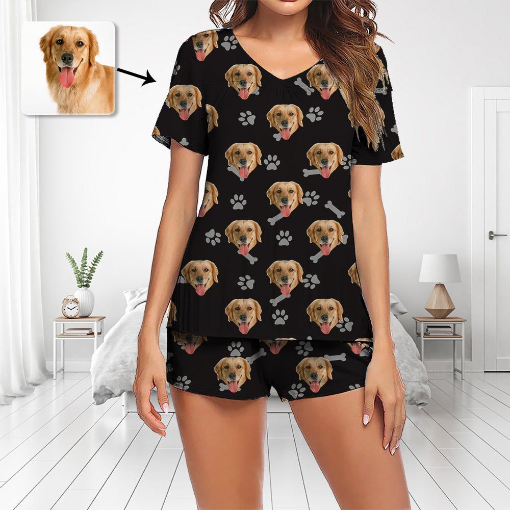 Custom Photo Pajamas Set Short Sleeve V-neck Pajama Women's Shorts Pajama Set Sleepwear Nightwear I Love My Dog